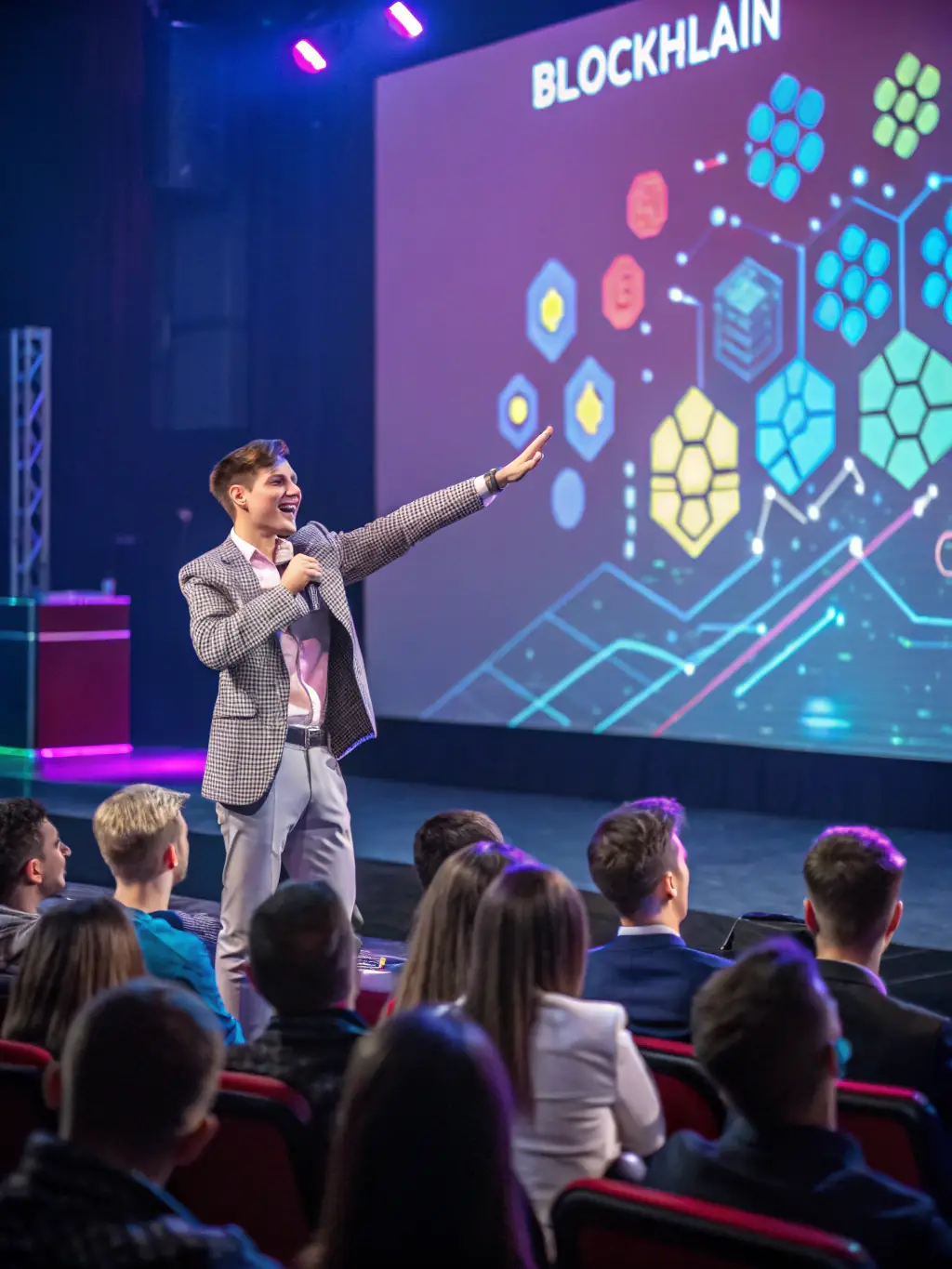 A professional advisor from Blockchain Legatum giving a presentation on the future of blockchain technology at a tech conference.