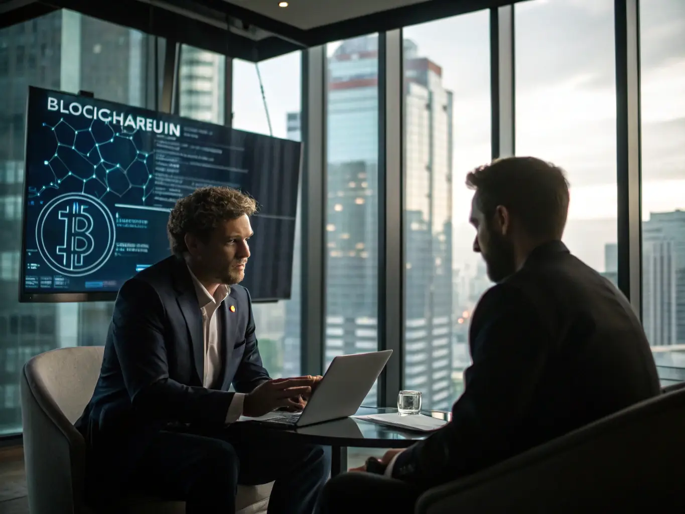 A professional consultant discussing blockchain strategy with a client in a modern office setting, illustrating the consulting services provided by Blockchain Legatum.