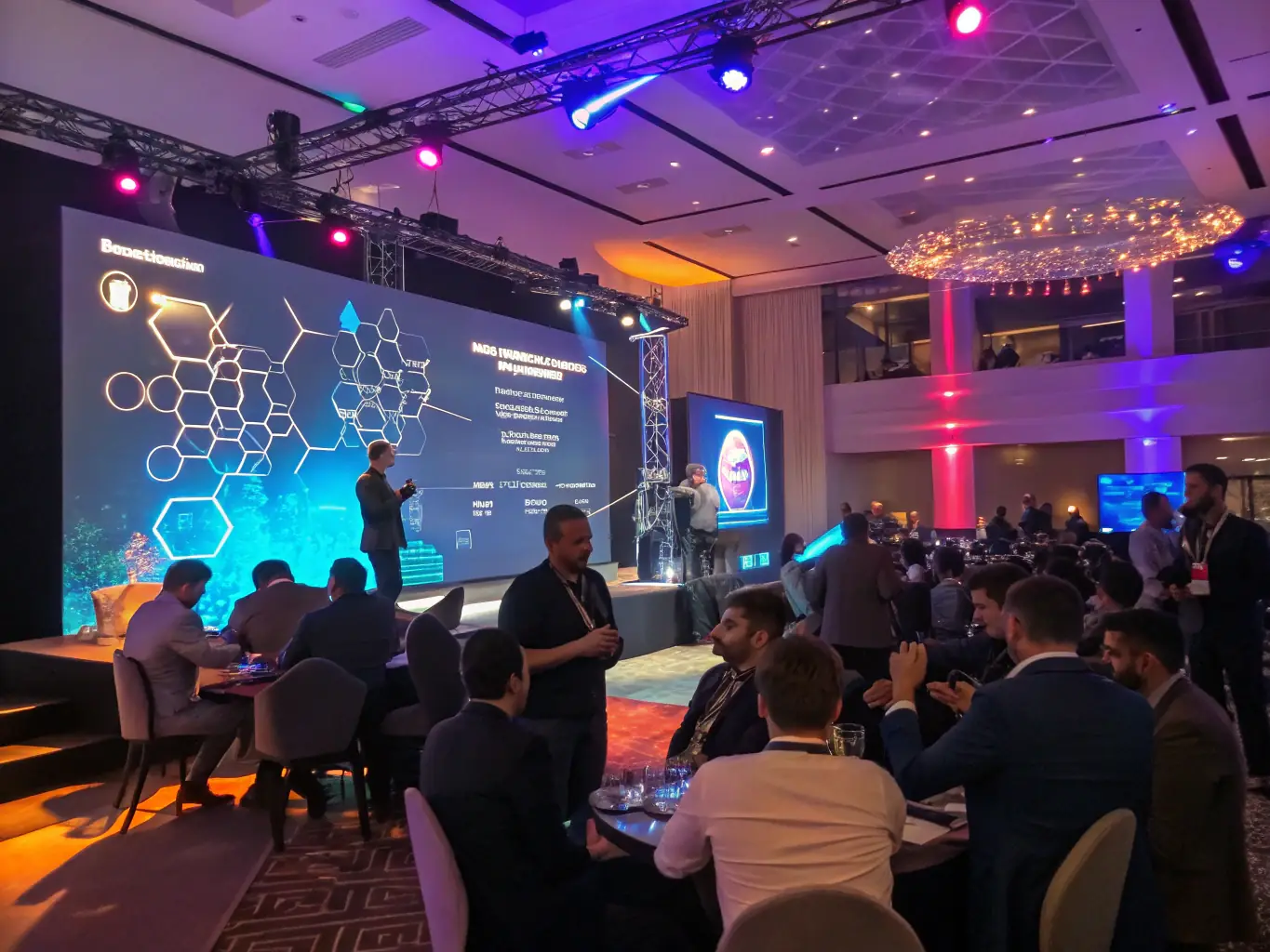 A lively scene of a blockchain meetup with attendees engaging in discussions and presentations, showcasing the community events organized by Blockchain Legatum.