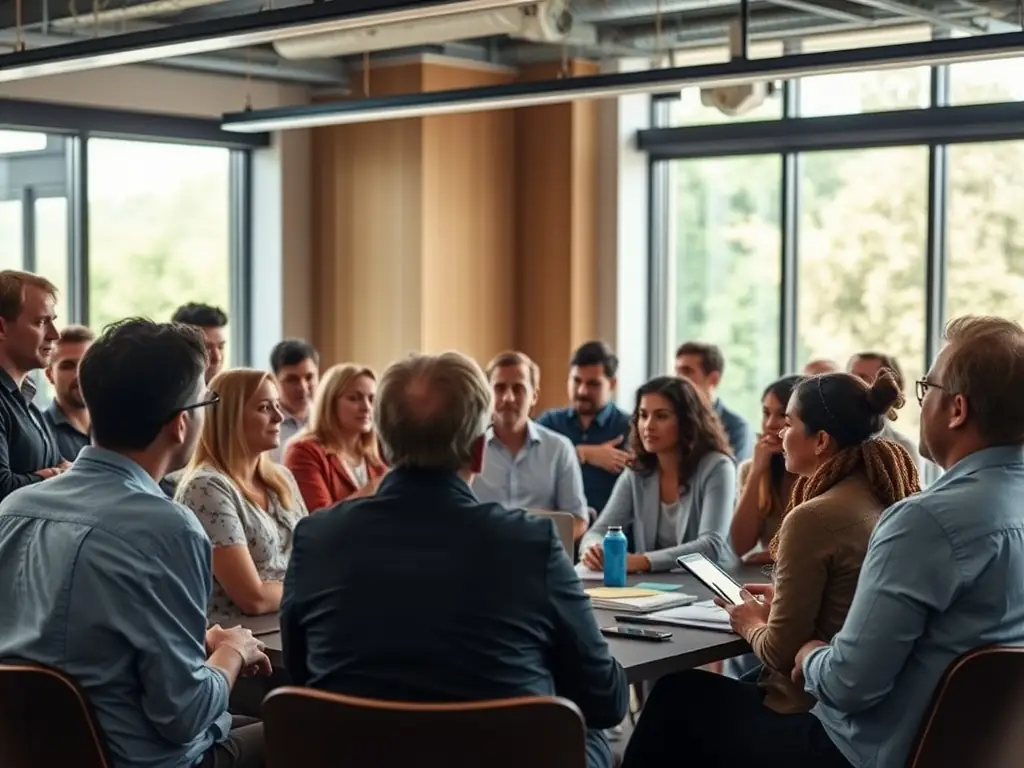 An image of a diverse group of people attending a blockchain workshop with digital screens displaying charts and data, representing the educational resources offered by Blockchain Legatum.